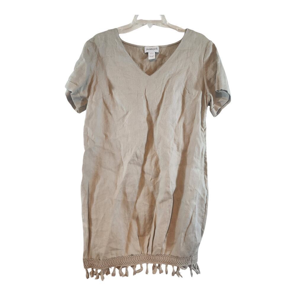 Peck & peck 100% linen dress sz large beige tassels crocheted v-neck